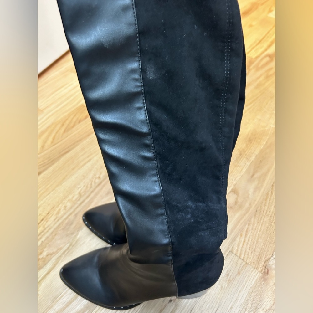 Worn once!Tall black boots in soft faux leather/suede material.Perfect condition